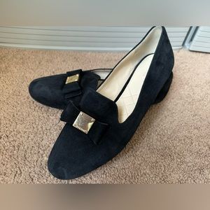 Cole Haan Tali Bow Loafers/ Flats in black suede, gold bow detail, size 8.5B.